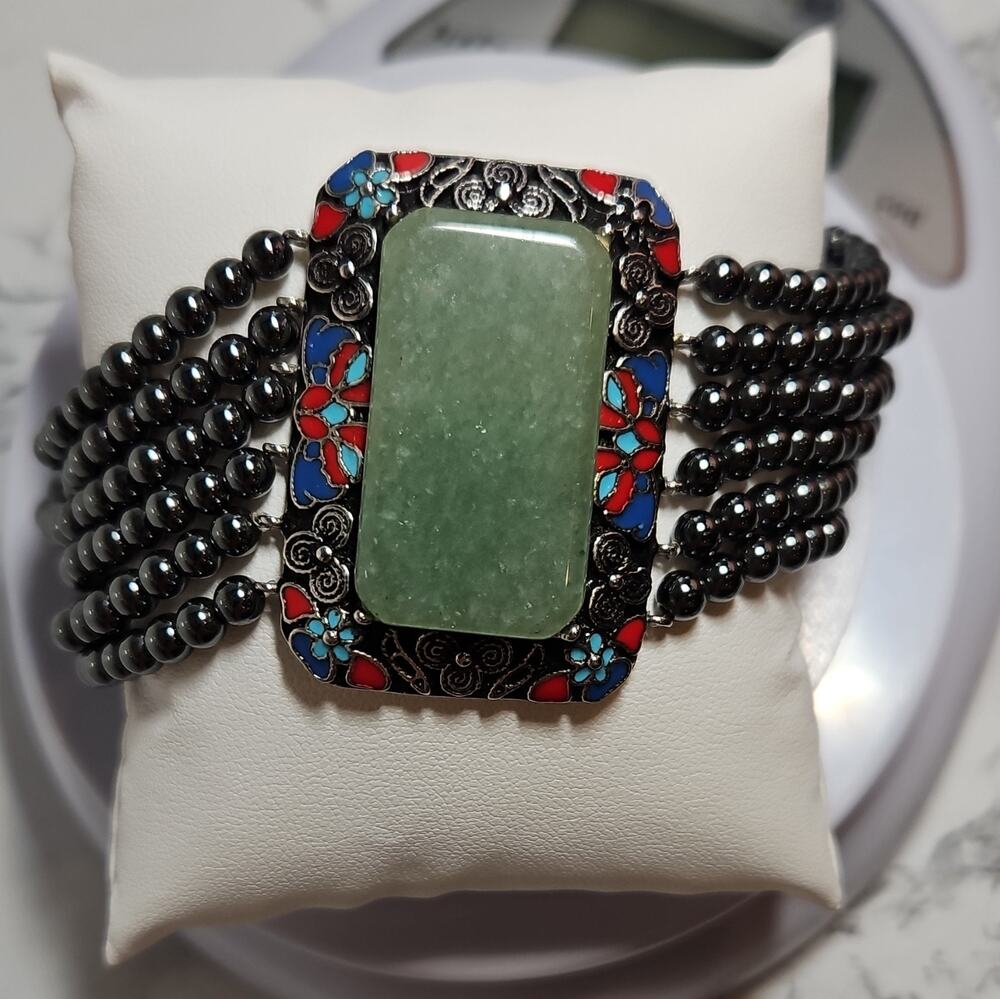 Large Jadite Cloisonné Hematite 6 Strand Bracelet 7.5in